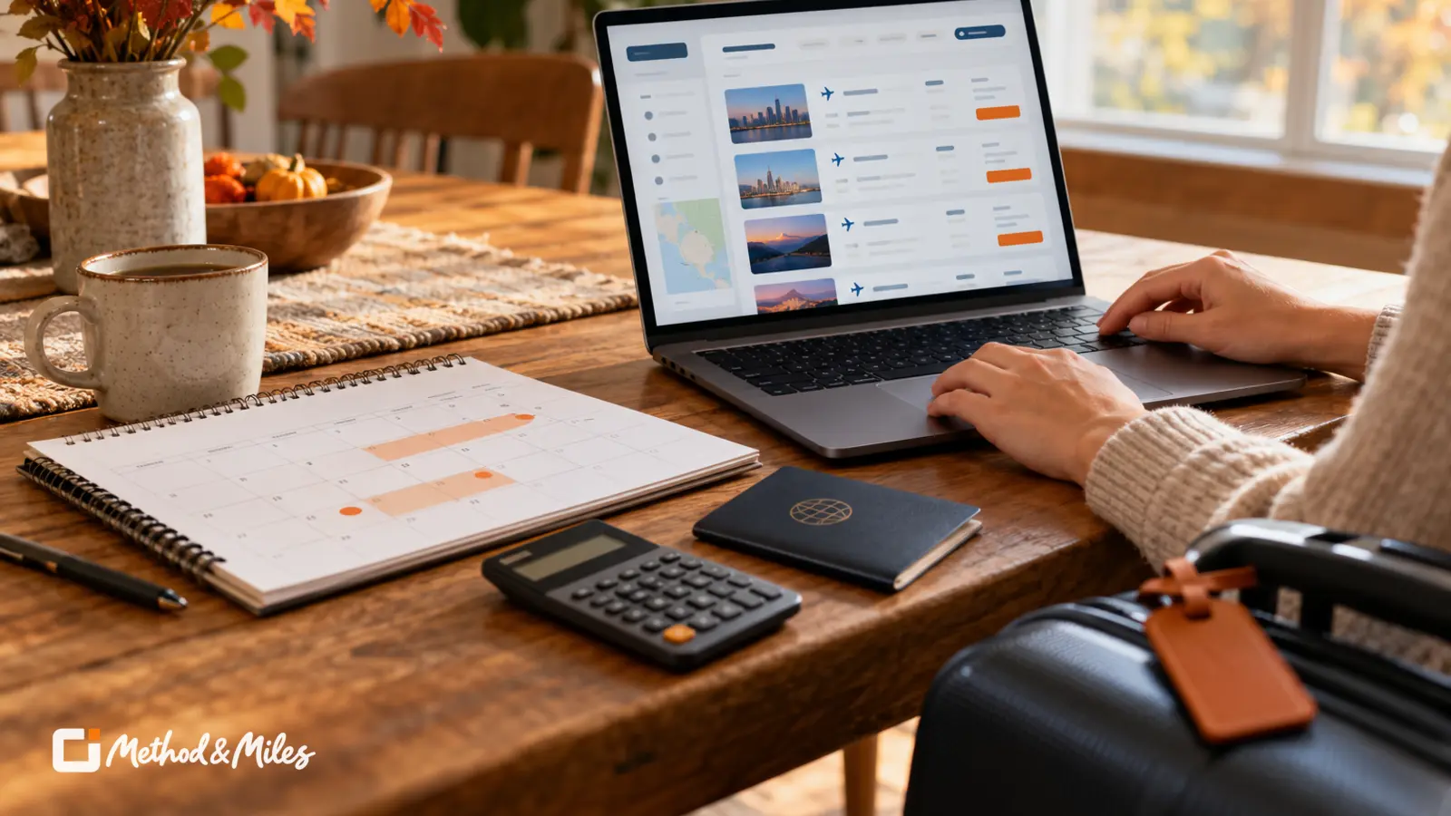 Traveler comparing holiday flight options beside a calendar, calculator and carry-on bag