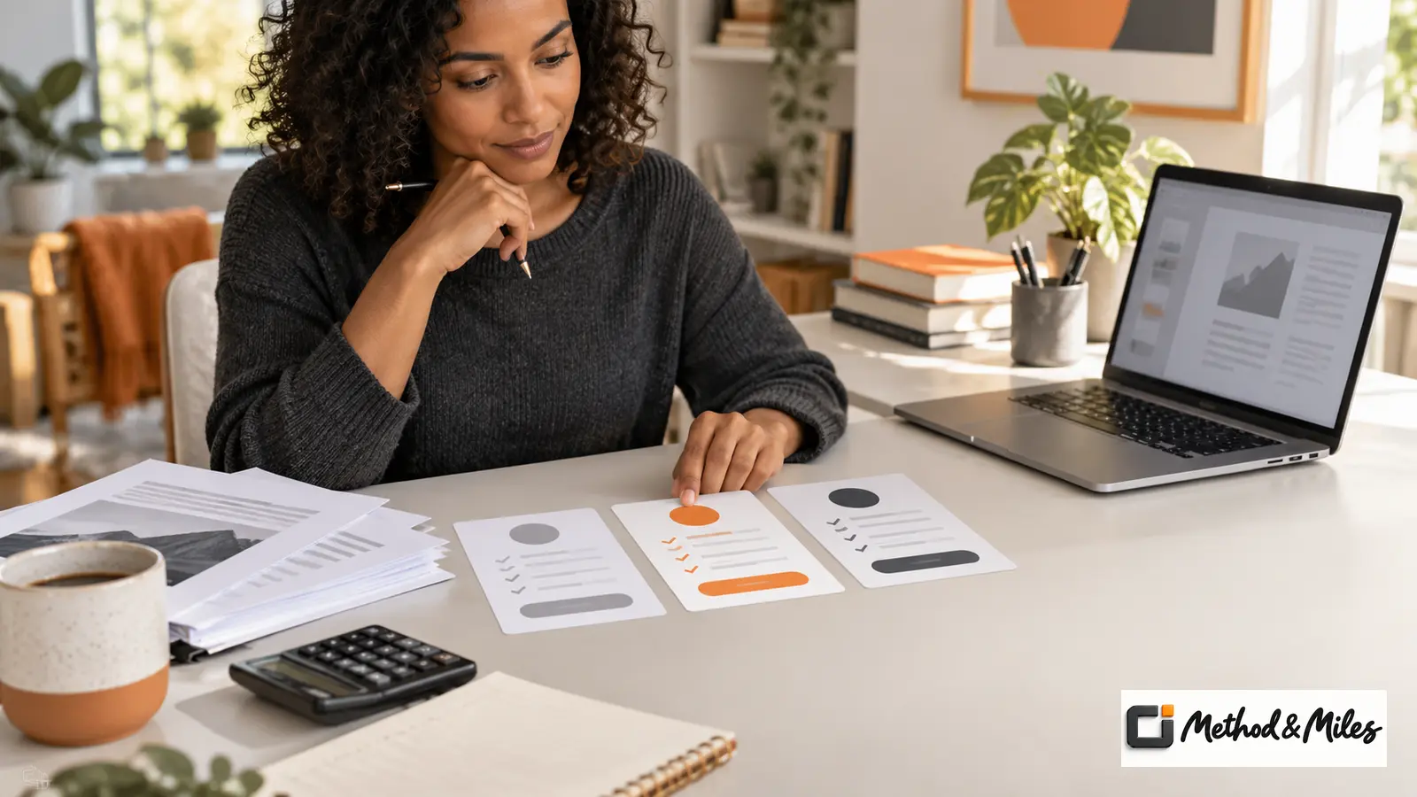 A worker comparing three generic software subscription cards beside PDF documents and a calculator