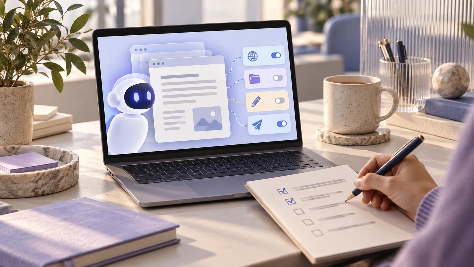 Conceptual illustration of a person reviewing a checklist beside a laptop with an AI assistant and permission controls