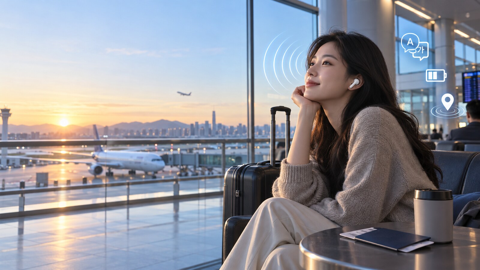 공항 출발 라운지에서 무선 이어폰을 착용하고 비행을 기다리는 여행자