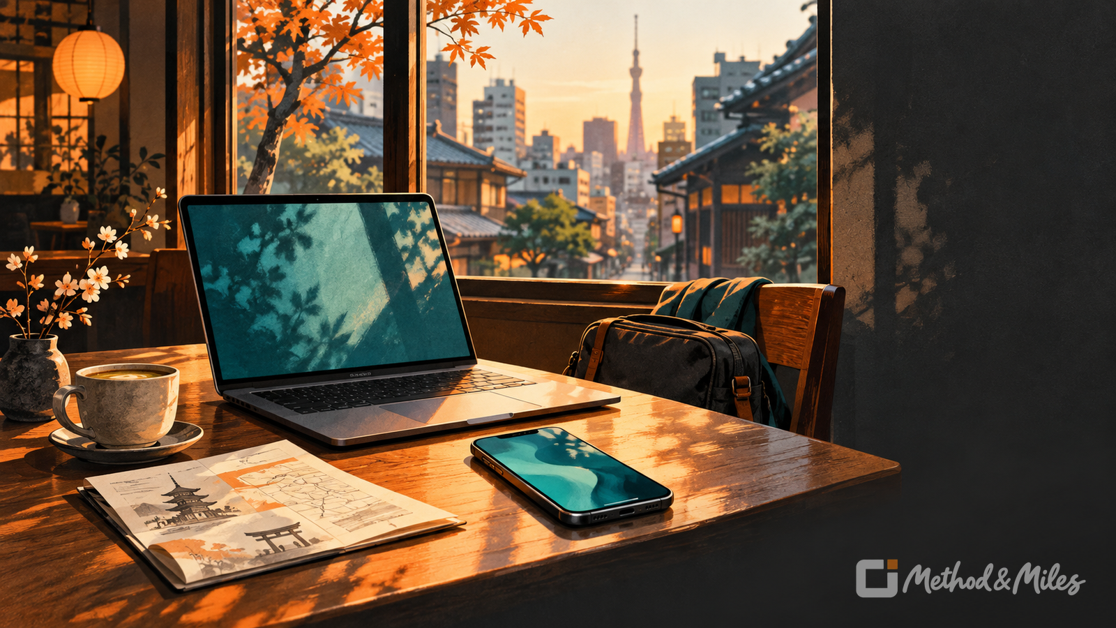 Conceptual illustration of a phone and laptop on a table in Japan; not a network test
