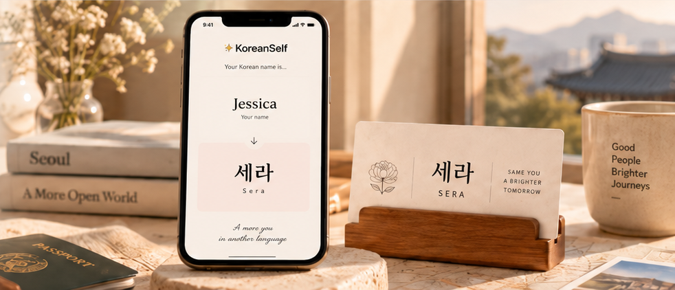 Jessica becomes 세라 (Sera) on a KoreanSelf phone screen beside a 세라 / SERA business card in a wooden holder.