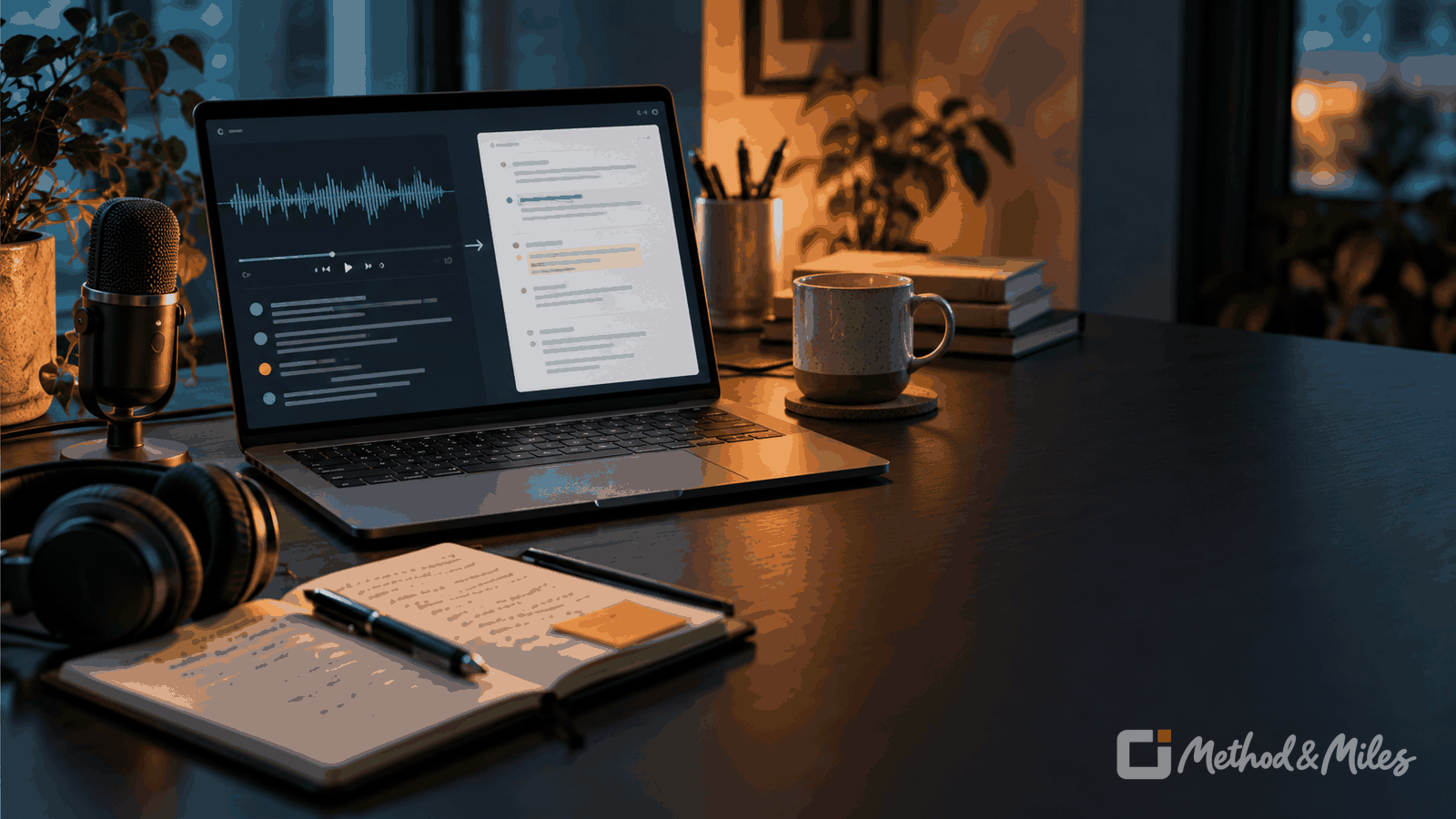 Editorial illustration of a microphone, headphones, laptop waveform, and reviewed notes on a dark desk