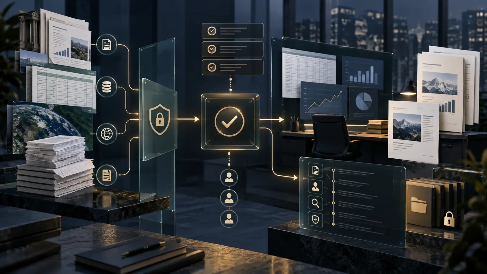 Conceptual financial research workflow showing source documents, access controls, a verification gate and reviewed business outputs