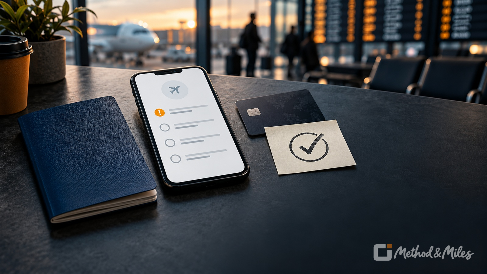 Editorial airport scene with a passport, generic travel checklist, payment card set aside, and verification note