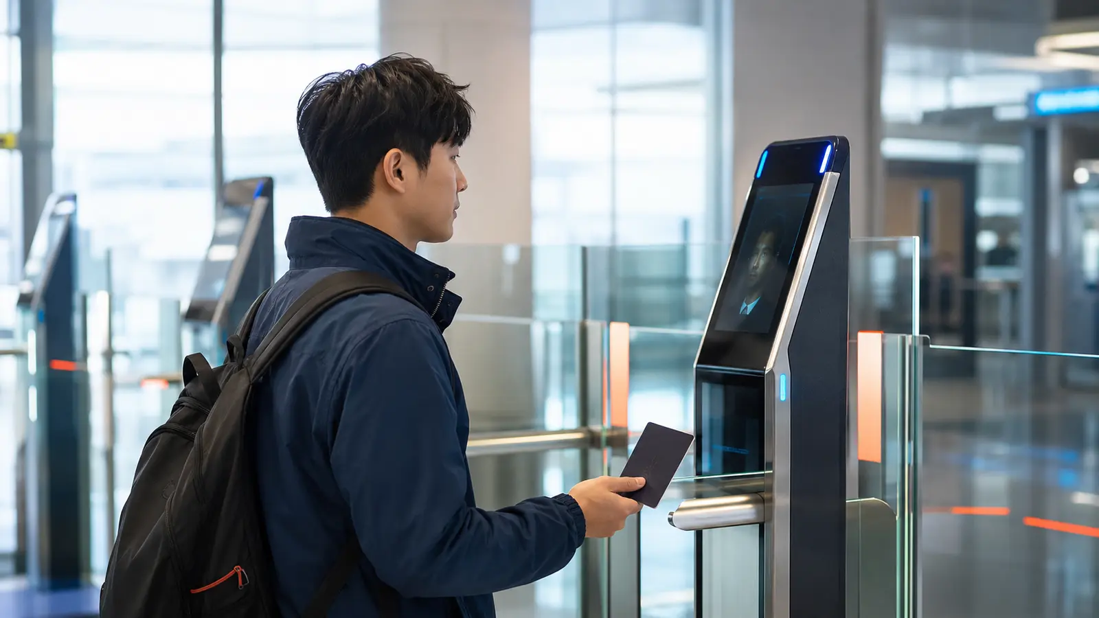 유럽 공항 자동출입국 심사대 앞에서 생체여권을 준비하는 한국인 여행자