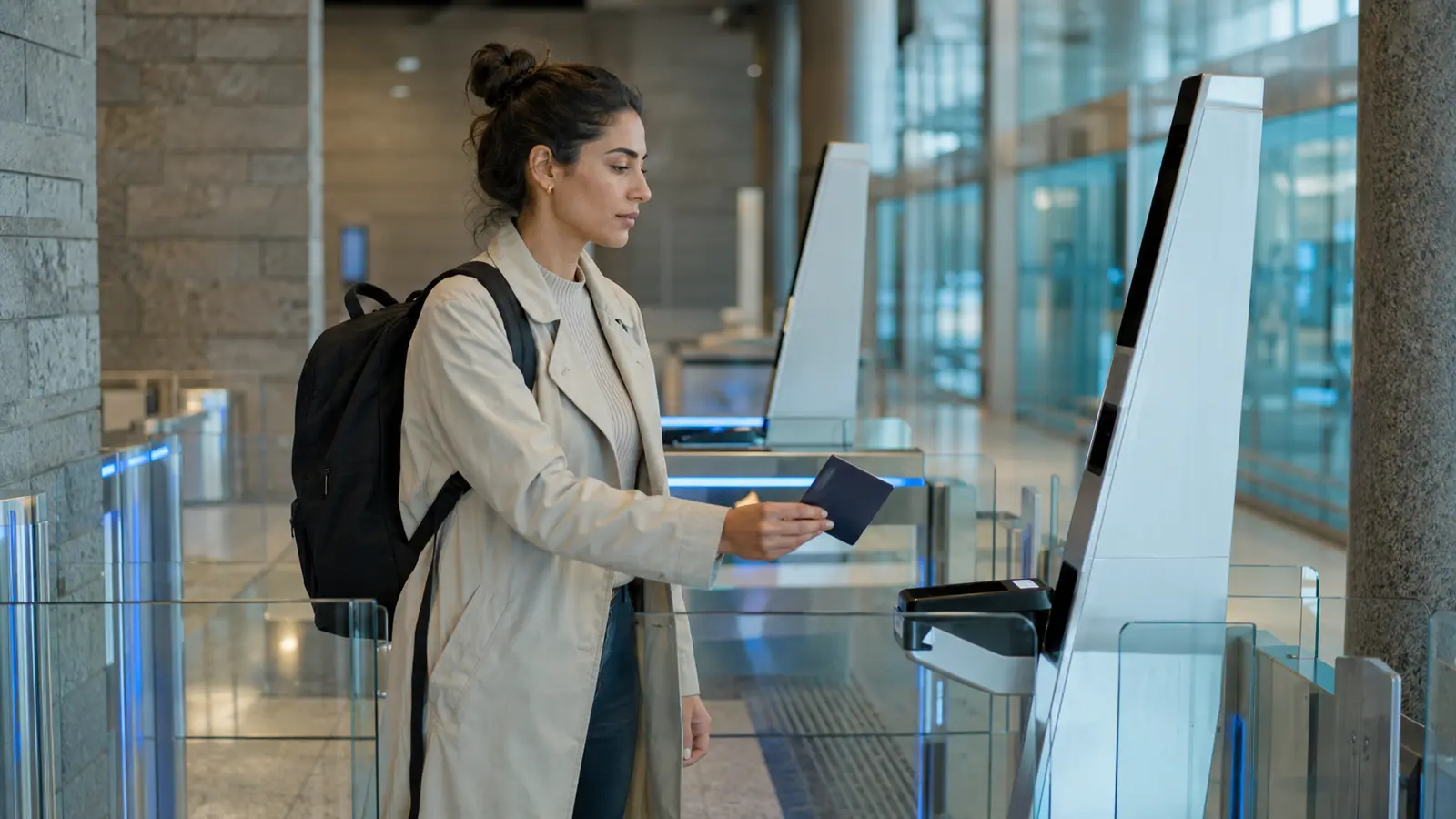 A non-EU traveller holding a biometric passport near a European airport border gate