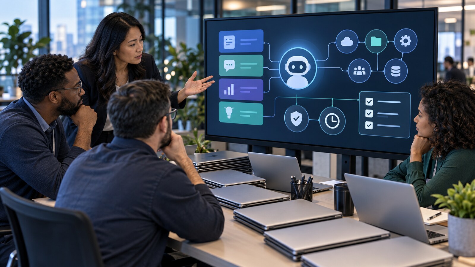 IT and operations team reviewing an unbranded AI application rollout across a laptop fleet