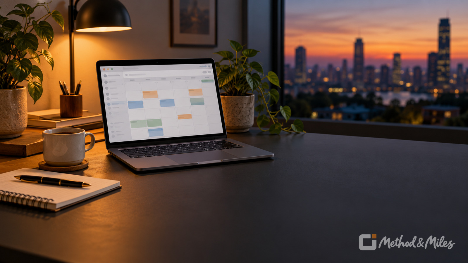 An illustrative home office at dusk with a generic calendar on a laptop and open desk space