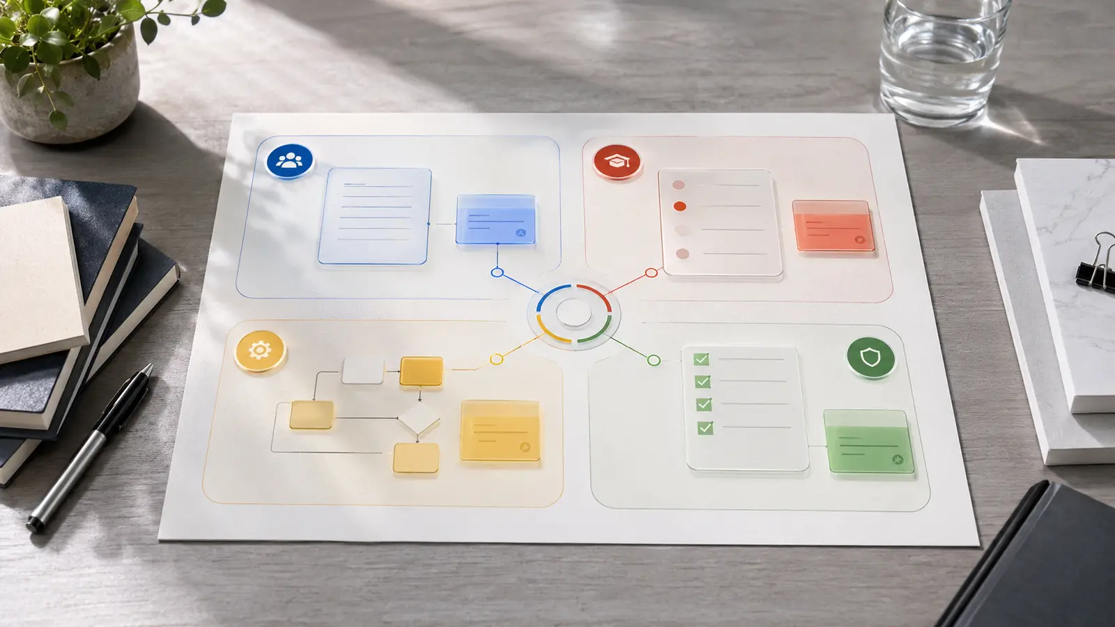 A four-part workplace AI rollout board showing meetings, training, workflows, and security controls