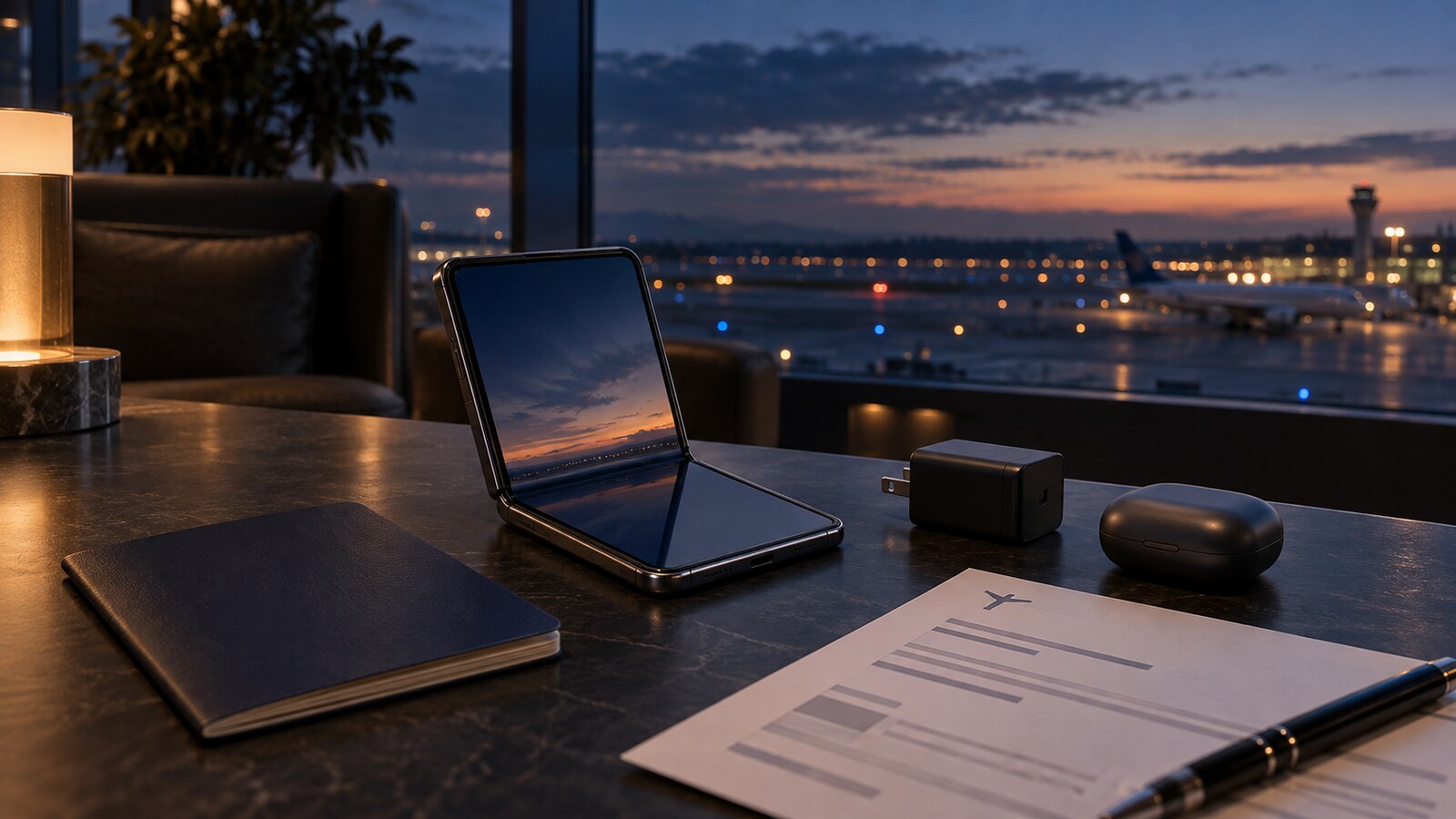 Unbranded foldable phone, charger and travel documents arranged on an airport lounge table