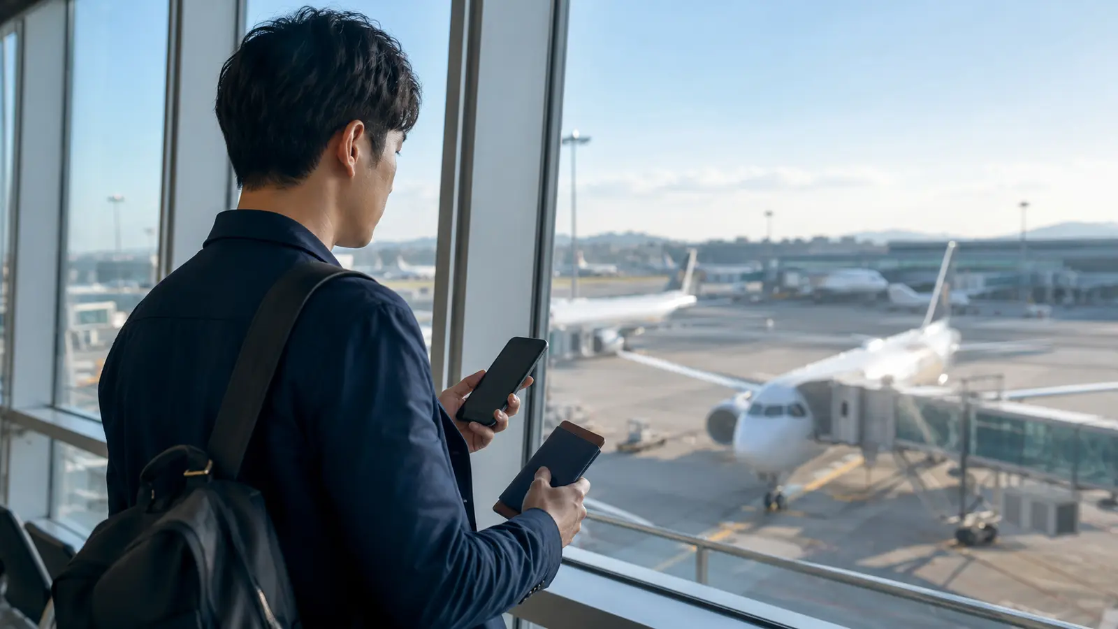 공항 출발 안내판 앞에서 항공권 예약 조건을 확인하는 여행자