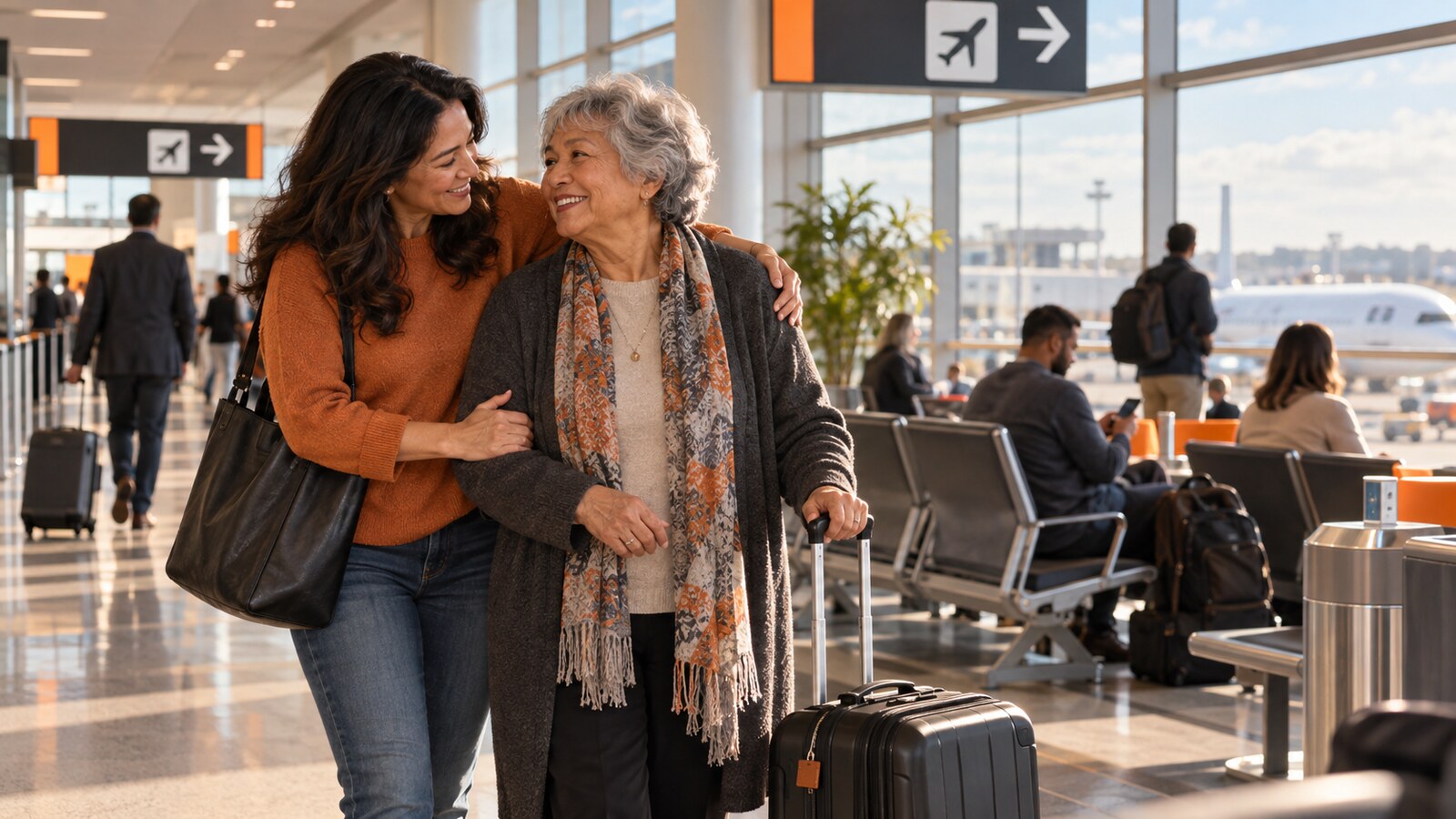Adult daughter accompanying an older traveler inside a bright airport concourse
